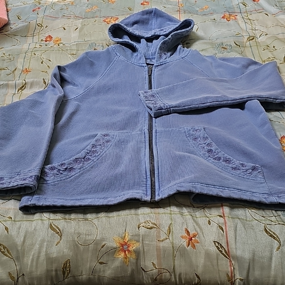 Blue Hooded Jacket with Floral Accents